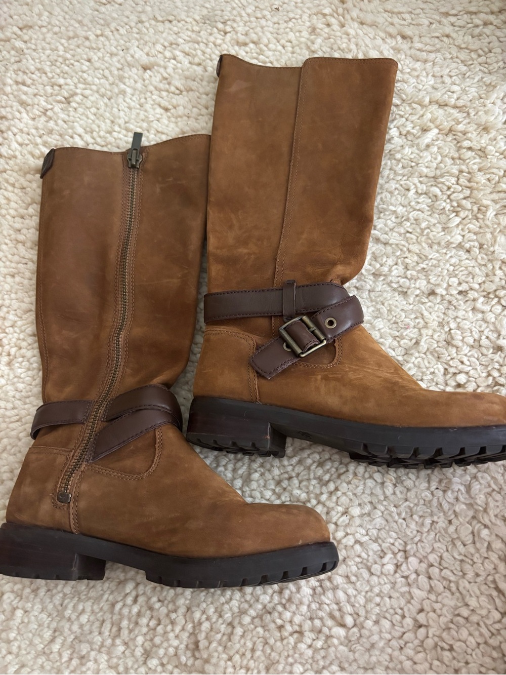 Tall Brown Suede Riding Boots with Buckle Strap